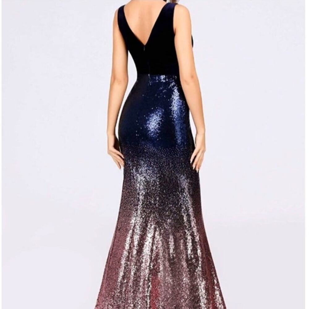 Ever Pretty Velvet Dress Women's 22 NWOT Blue Pink Ombre Sequin Stretch V Neck - Picture 2 of 11